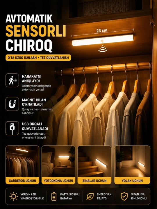 Sensorli chiroq, LED lampa, tungi chiroq, USB zaryadli, magnitli, shkaf va yo‘lak uchun