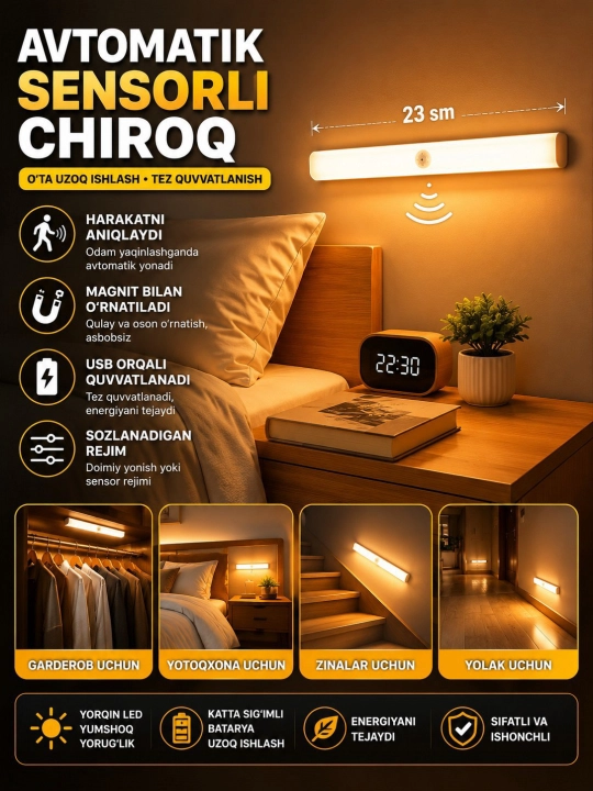 Sensorli chiroq, LED lampa, tungi chiroq, USB zaryadli, magnitli, shkaf va yo‘lak uchun