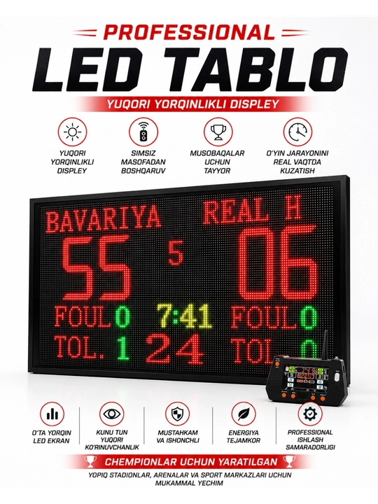Elektron tablo bilan futbol, basketbol va voleybol hisobini qulay kuzating - 