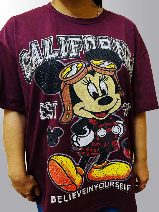 Minnie Mouse printli va straza toshli oversize futbolka, "varenka" uslubida - 