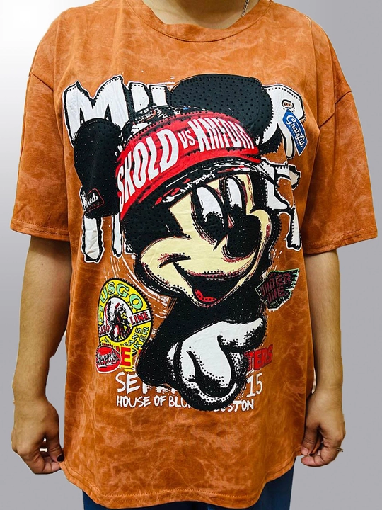 Minnie Mouse printli va straza toshli oversize futbolka, "varenka" uslubida - 