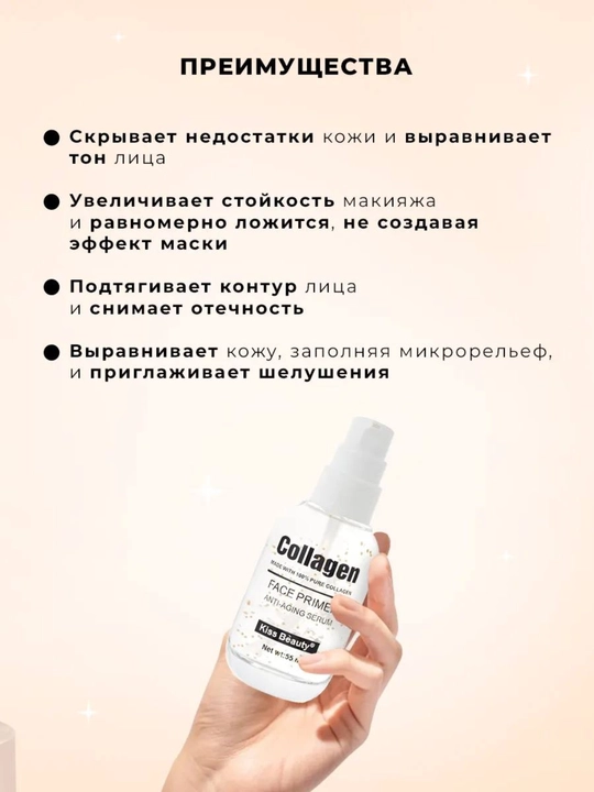 Kiss Beauty Collagen Face Primer, коллагеновая основа под макияж, праймер, 55 мл