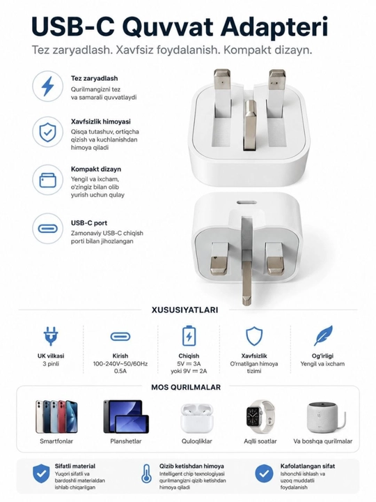 Адаптер быстрой зарядки для IPhone 20W USB-C , зарядное устройство для смартфонов (NFC)
