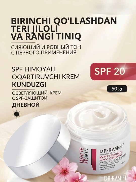 Kunduzgi dog‘larga qarshi yuz kremi SPF20 bilan, Dr. Rashel Whitening SPF20, 50 g - 