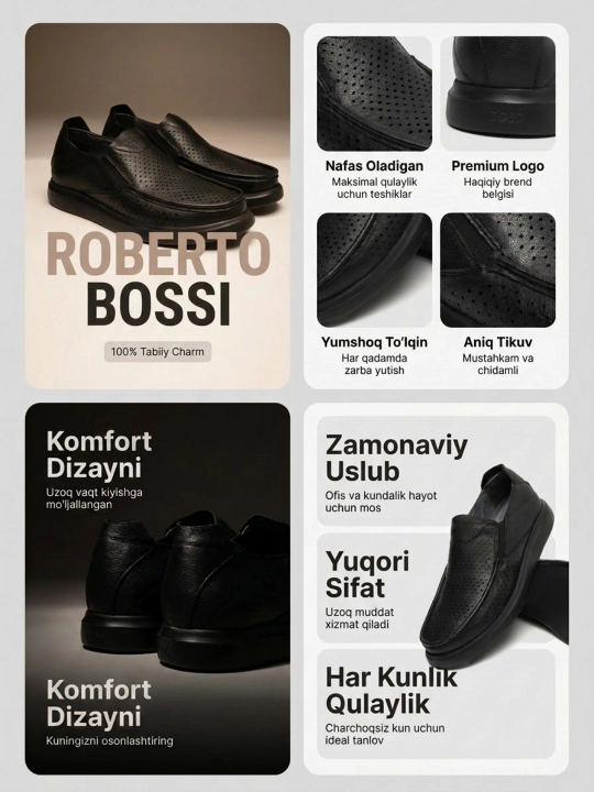 Roberto Bossi erkaklar uchun klassik, 100% tabiiy charmdan tikilgan mokasinlar