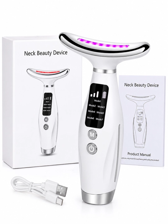 Yuz va bo'yin liftingi uchun vibratsiyali, kosmetik mikrotokli massajer, RF, EMS, LED