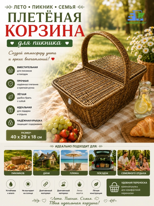 Piknik savati qopqoqli va tutqichli katta yengil to‘qilgan savat - 