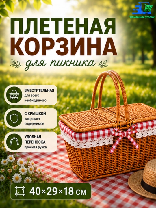 Плетеная корзина для пикника с крышкой и ручками большая легкая для поездок - 