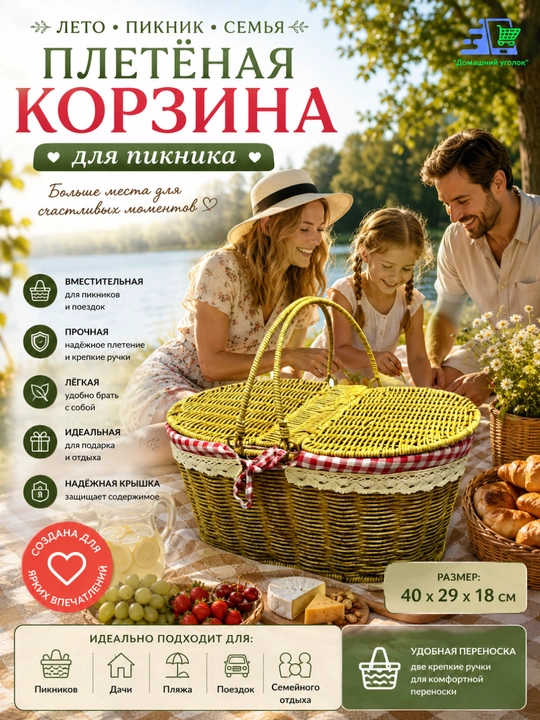 Piknik savati qopqoqli va tutqichli katta yengil to‘qilgan savat - 