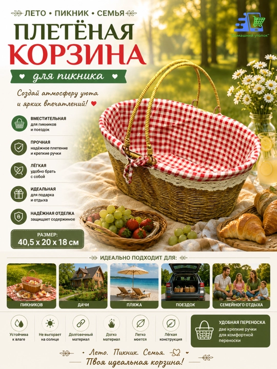 Плетеная корзина для пикника с крышкой и ручками большая легкая для поездок