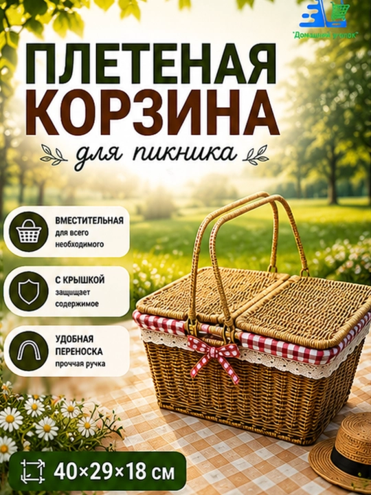 Qopqoqli tol savat, piknik, qo‘ziqorin va sovg‘alar uchun tutqichli - 