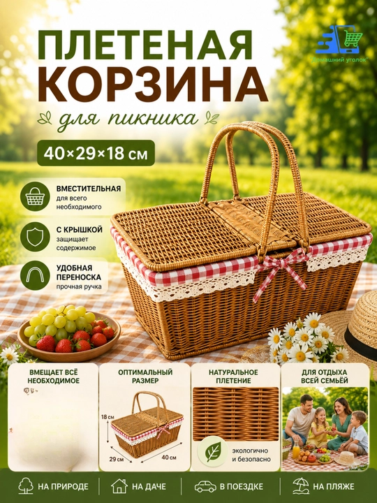 Qopqoqli tol savat, piknik, qo‘ziqorin va sovg‘alar uchun tutqichli