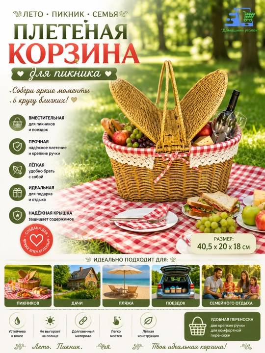 Qopqoqli tol savat, piknik, qo‘ziqorin va sovg‘alar uchun tutqichli