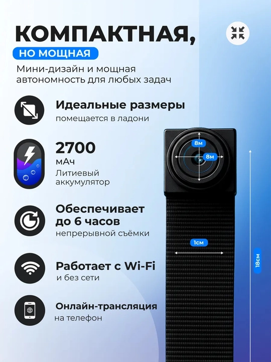 Мини камера видеонаблюдения Wi-Fi беспроводная со звуком Full HD 1080P