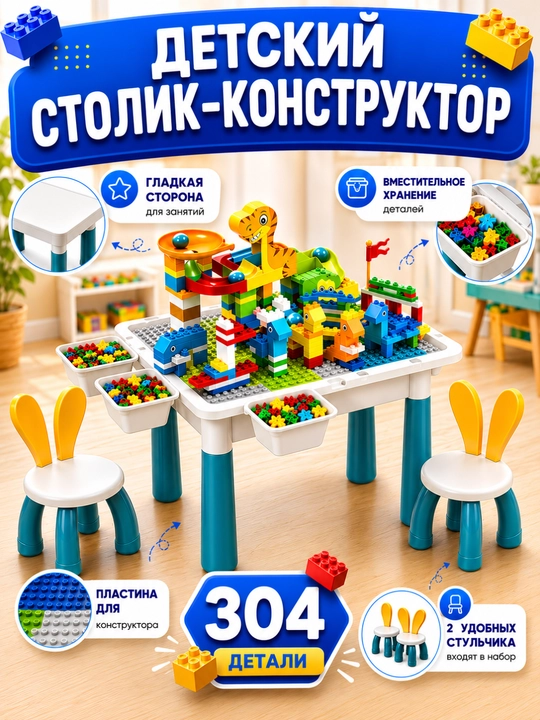 Детский стол и стульчик, с лего кубиками в комплекте - 