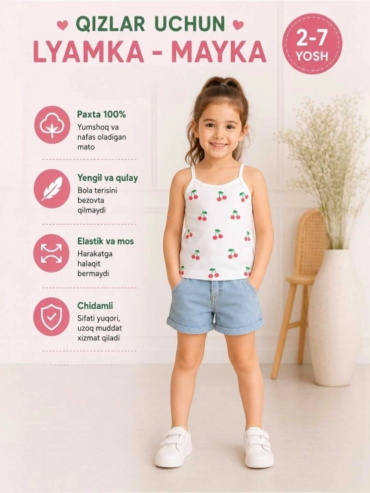 Qizlar uchun tasmali mayka – yumshoq paxtali yozgi mayka, 2-7 yosh - 