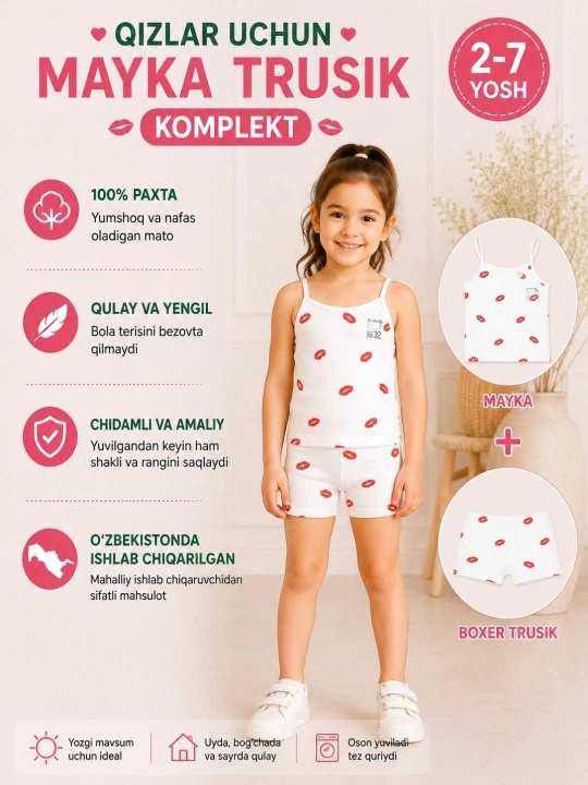 Qizlar uchun lyamka - mayka va trusik to`plami, 2-7 yosh - 