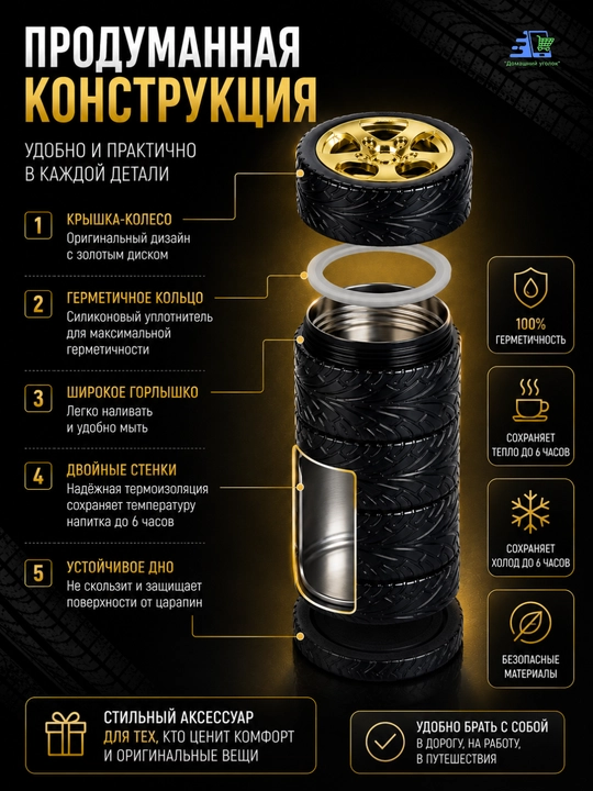 Термо-кружка "Шиномонтаж 5 шин" в виде колеса