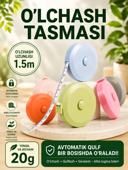 Ixcham santimetr o‘lchov lentasi, avtomatik yig‘iluvchi ruletka,tana va kiyim uchun, 1,5 m