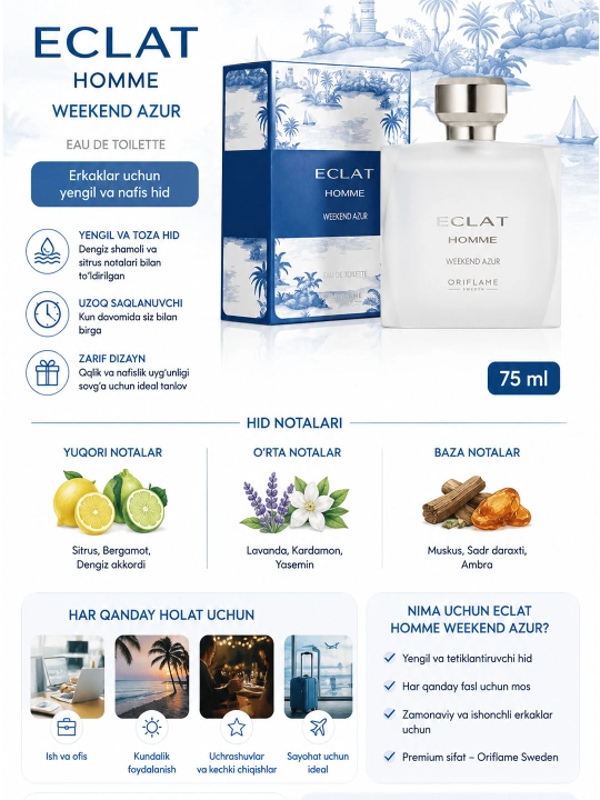 Eclat Homme Weekend Azur erkaklar uchun Xushbo'ylangan suv, 75 ml