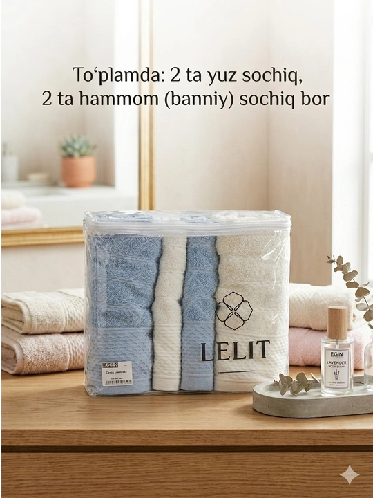 LELIT tukli sochiqlari to‘plami, hammom va yuz uchun, 4 dona to‘plam, 70*90 va 70*140 o‘lchamlarda
