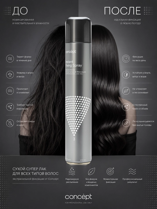 CONCEPT Лак для волос экстрасильной фиксации, Instant Fixing Spray, для укладок, 400 мл