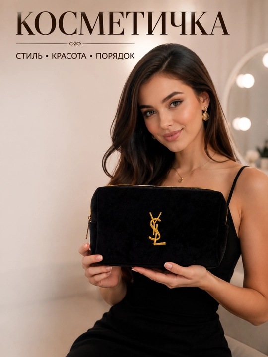 Косметичка женская бархатная, с подкладкой, вместительный органайзер - 