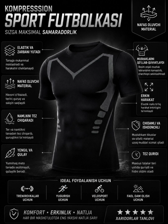 Erkaklar uchun kompression sport futbolkasi fitness va trening uchun