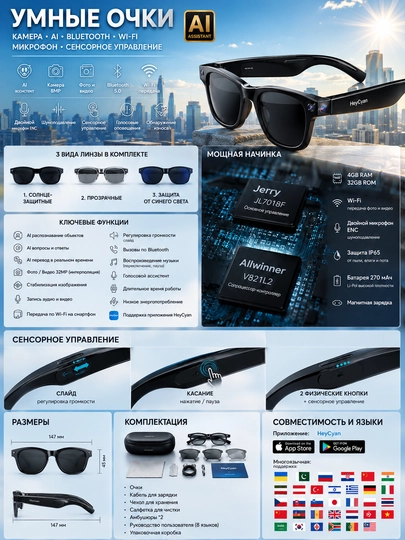 Умные очки камера, Bluetooth, Wi-Fi, AI, микрофон, сенсорное управление