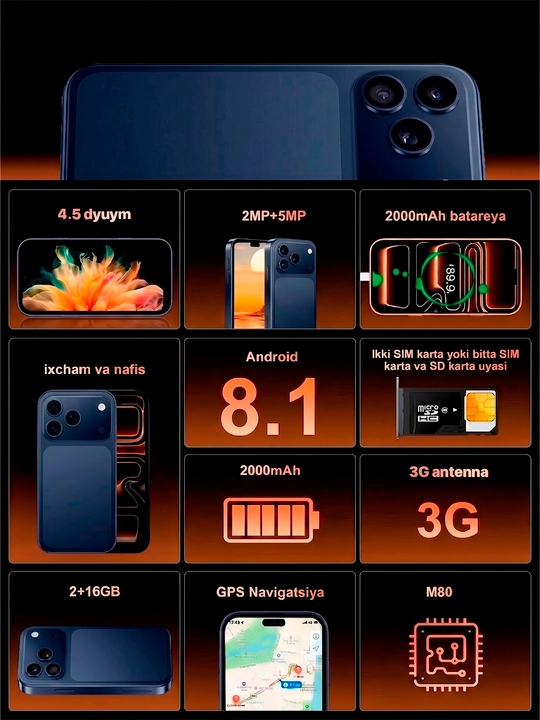 Sensorli smartfon, 4,5 dyumli ekran, kichik bolalar uchun mini-telefon, Android 2/16 GB