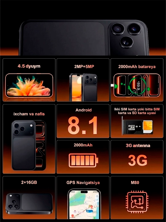 Sensorli smartfon, 4,5 dyumli ekran, kichik bolalar uchun mini-telefon, Android 2/16 GB