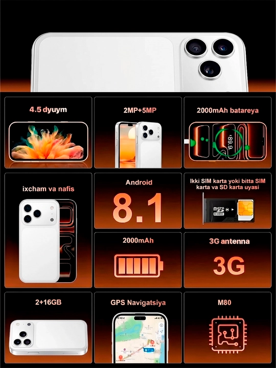 Sensorli smartfon, 4,5 dyumli ekran, kichik bolalar uchun mini-telefon, Android 2/16 GB