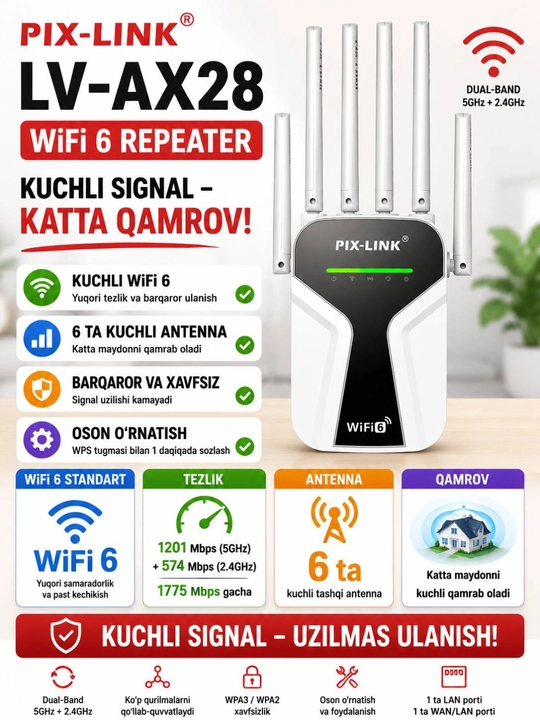 Усилитель Wi-Fi 6 сигнала Pix-Link LV-AX28 (Репитер / Роутер), 6 антенн, 1800 Мбит/с - 