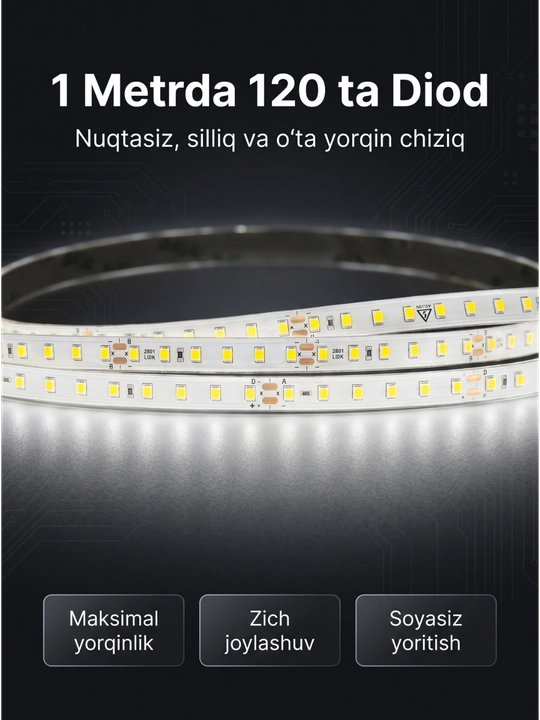 LED Lenta 220V 120D IP65 — Namga chidamli, neytral oq nur, har 10 sm kesiladigan