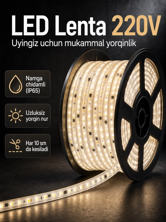 LED Lenta 220V 120D IP65 — Namga chidamli, neytral oq nur, har 10 sm kesiladigan - 