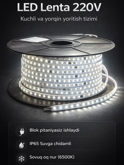 LED Lenta 220V SMD2835 120D IP65  Suvga chidamli, 10 sm kesiladigan, sovuq oq nur 6500K - 