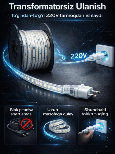 LED Lenta 220V SMD2835 120D IP65  Suvga chidamli, 10 sm kesiladigan, sovuq oq nur 6500K