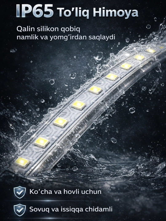 LED Lenta 220V SMD2835 120D IP65  Suvga chidamli, 10 sm kesiladigan, sovuq oq nur 6500K