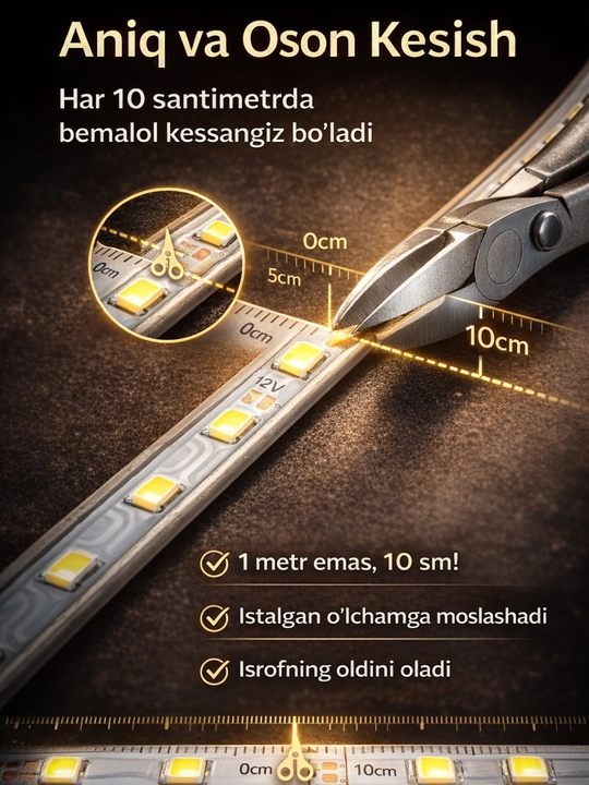 LED Lenta 220V SMD2835 120D IP65  Suvga chidamli, 10 sm kesiladigan, sovuq oq nur 6500K