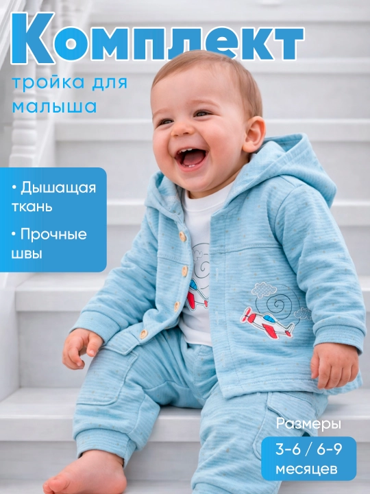 Комплект для малышей: кардиган, брюки и лонгслив (3–6 / 6–9 месяцев) - 