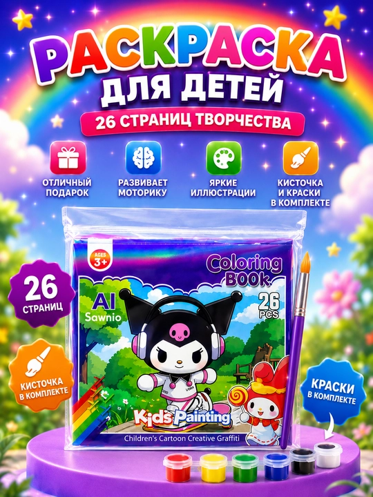 Раскраска для детей AI Sawnio, 26 страниц, краски и кисточка в комплекте - 