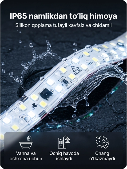 LED Lenta 220V 240D IP65 — namga chidamli, premium yorqinlik, 10 sm kesiladigan, oq nur