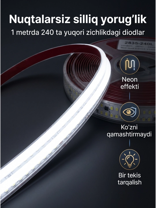 LED Lenta 220V 240D IP65 — namga chidamli, premium yorqinlik, 10 sm kesiladigan, oq nur