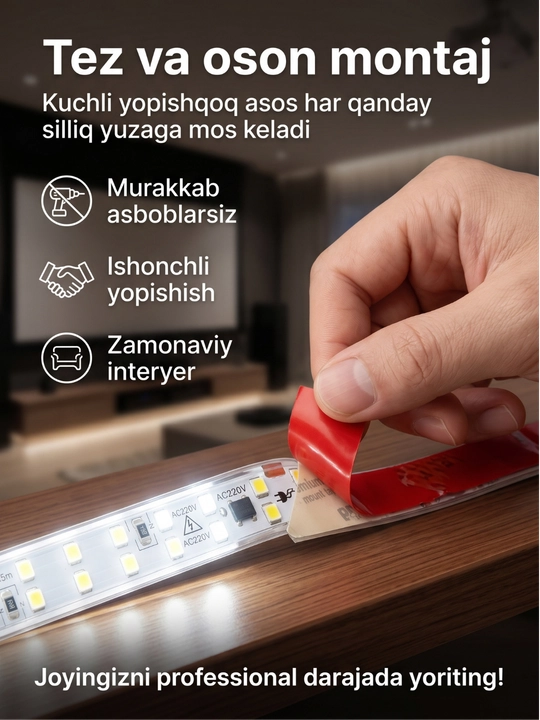LED Lenta 220V 240D IP65 — namga chidamli, premium yorqinlik, 10 sm kesiladigan, oq nur