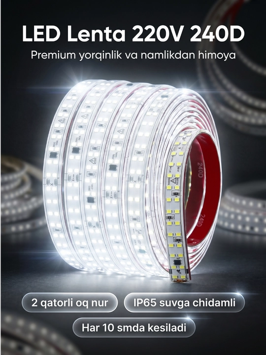 LED Lenta 220V 240D IP65 — namga chidamli, premium yorqinlik, 10 sm kesiladigan, oq nur - 