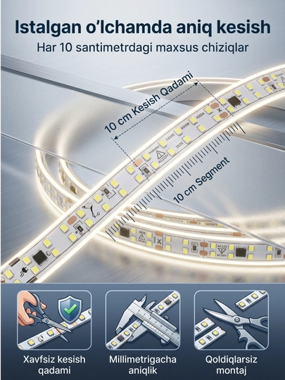 LED Lenta 220V 240D IP65 — namga chidamli, premium yorqinlik, 10 sm kesiladigan, oq nur