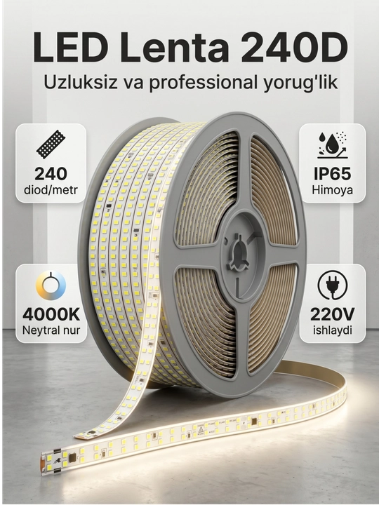 LED lenta 220V 240D IP65 —namga chidamli, 10 sm kesiladigan, neytral oq nur - 