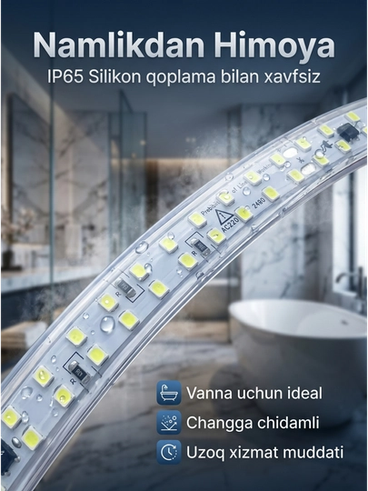 LED lenta 220V 240D IP65 —namga chidamli, 10 sm kesiladigan, neytral oq nur