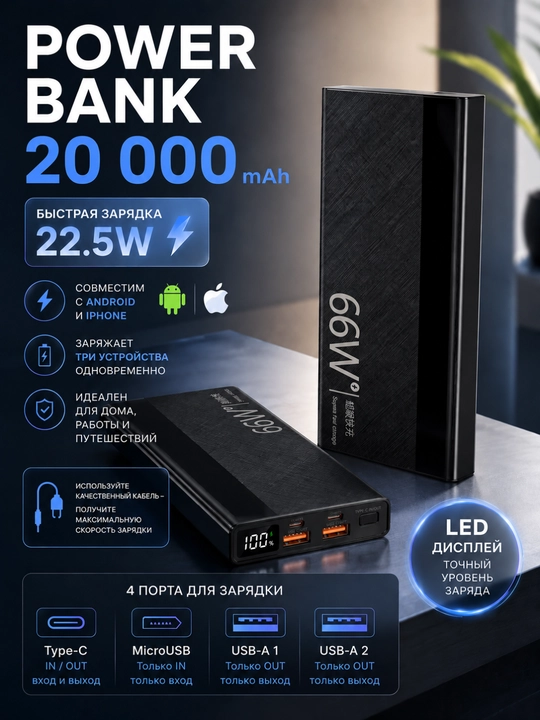 Power bank 66w, Tashqi batareya, 20000 mA/soat, 22.5Vt, tezkor quvvatlash 22,5 Vt - 