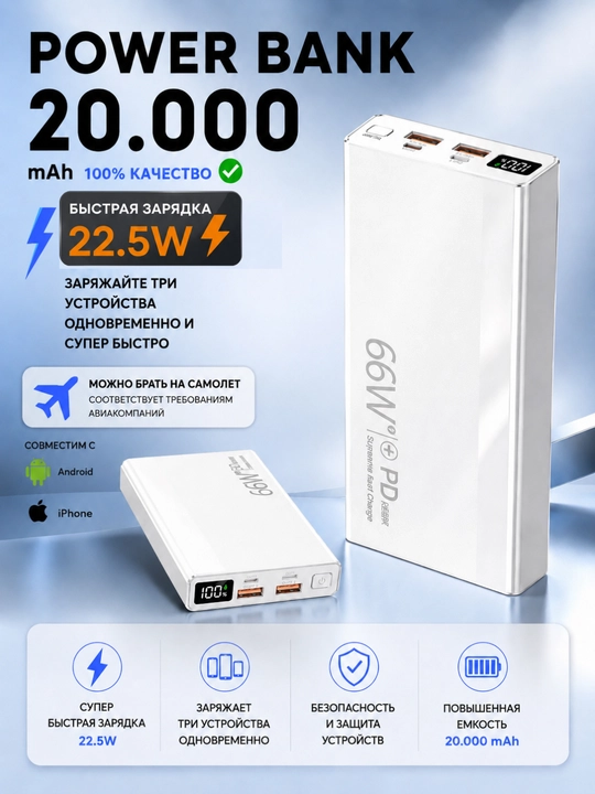 Power bank 66w, Внешний аккумулятор, 20000 мА/ч, 22.5W с быстрой зарядкой 22.5w